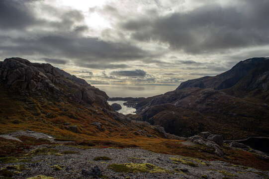 Moody grey sky over a rural coastal landscape, Lofoten, Lofoten and Vesteral Islands, Nordland, Norway