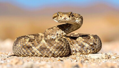 Naklejka premium Desert snake coiled on sandy ground.