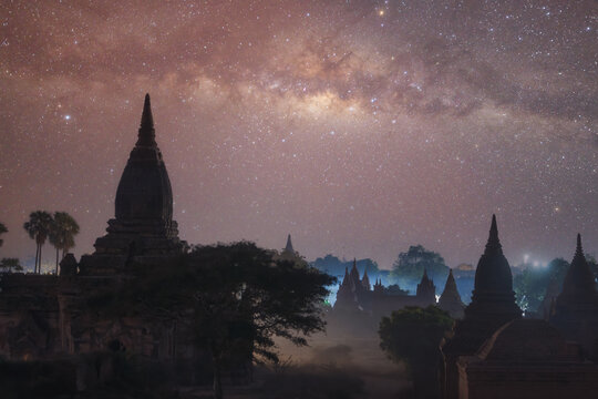 Milky way at night over stupas on ancient temples, Bagan, Mandalay, Myanmar