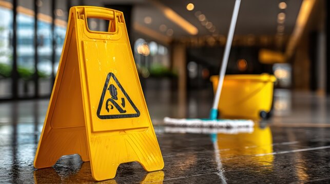 Yellow caution sign on a wet, reflective floor; mop and bucket blurred in background