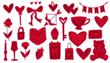 Set of hand drawn romantic elements for Valentines day, invitation, greeting cards. Pink clipart cartoon icons.