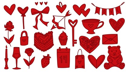 Valentines day red clipart set of design elements. Set of romantic, love illustrations on 14th February isolated on transparent background.