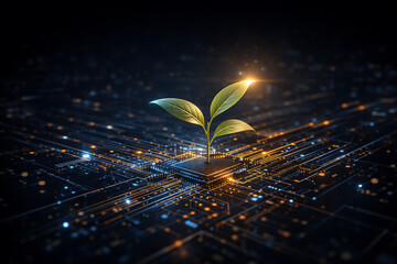 Green Plant Growing on Circuit Board Symbolizing Technology and Nature