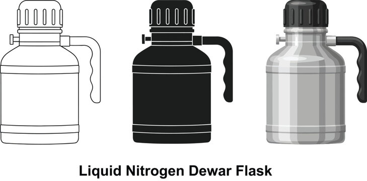 Collection of liquid nitrogen dewar flasks in outline silhouette and realistic styles representing scientific equipment for laboratory use