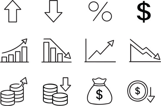 Collection of black line Increase and decrease related icons representing finance growth and economic indicators