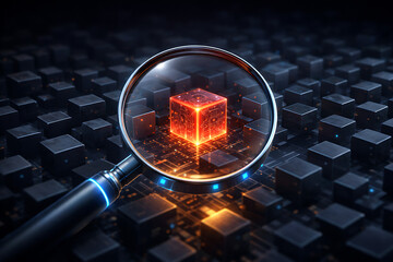 Magnifying Glass Focusing on Glowing Digital Cube in Tech Setting