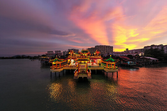 View into land of Hean Boo Thean Kuan Yin Temple at sunset, George Town, Penang, Malaysia