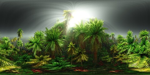 Jungle in the morning, HDRI, environment map , Round panorama, spherical panorama, equidistant projection, panorama 360, 3d rendering