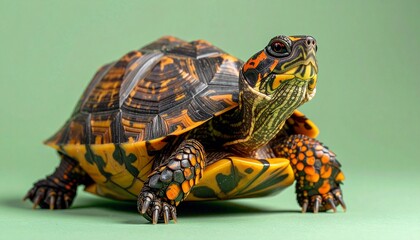 Fototapeta premium Colorful turtle on green background studio.