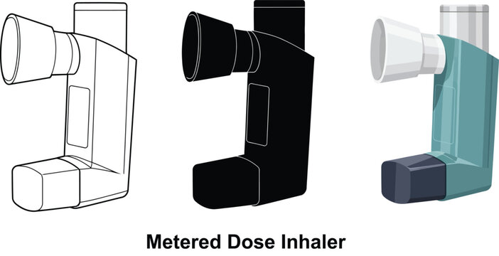 Collection of metered dose inhaler icons representing medical device for asthma treatment in outline silhouette and color vector styles for healthcare and pharmaceutical use