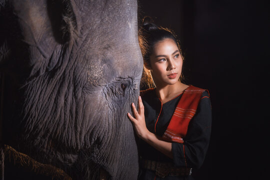 Close-up portrait of a Beautiful woman affectionately touching an elephant's head, Surin, Thailand