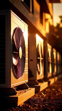 Outdoor air conditioning units lined up with sunlight shining through.