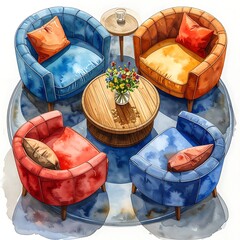 Watercolor rendering four vibrant chairs encircle a round wooden table with flowers on a patterned blue circular rug