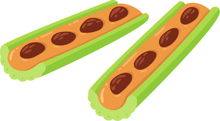 Ants on a log, celery stick with peanut butter and raisins. Traditional American healthy snack cartoon drawing. Isolated flat vector illustration.