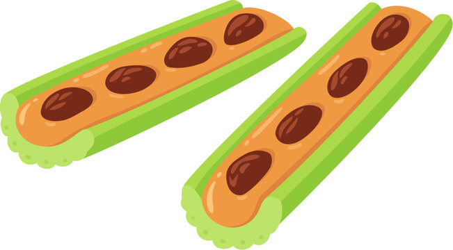 Ants on a log, celery stick with peanut butter and raisins. Traditional American healthy snack cartoon drawing. Isolated flat vector illustration.