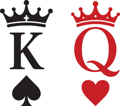Royal king and queen card icons with crown heart and spade symbols isolated