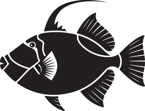 Black illustration of a Reef Triggerfish swimming isolated on white
