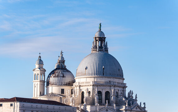 Close-up of the domes of the Santa Maria della Salute cathedral, Venice, Veneto, Italy