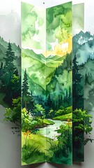 Watercolor rendering of a forest landscape showing river, trees, and mountains on folded panels