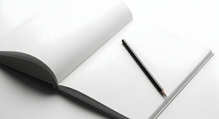 Minimalist black and white image of an open notebook with a pencil lying on its pages