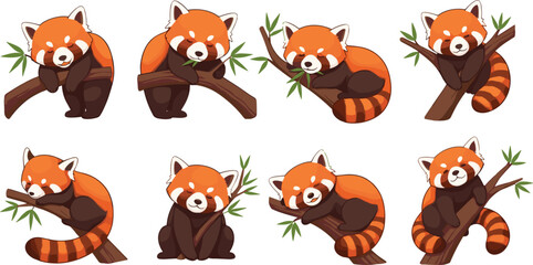 Cute red panda characters collection sitting sleeping and playing on tree branches cartoon vector illustration © KP Studio