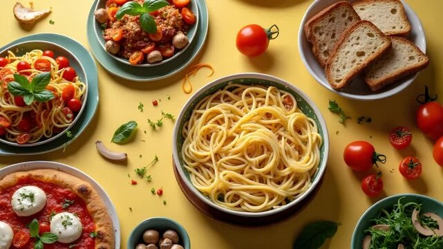 Italian food spread with pasta, bread and fresh ingredients, flat lay cuisine table, Mediterranean cooking concept, colourful dining scene and homemade meal lifestyle presentation