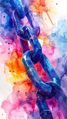Watercolor rendering of a sturdy, blue chain on a colorful, splashy background in shades of pink, orange, and purple