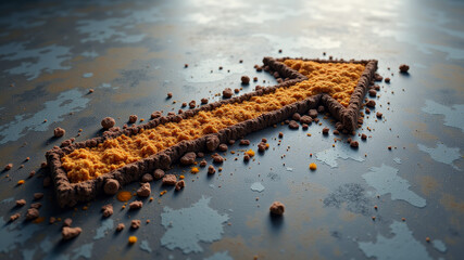 Arrow shape made of rusty bolts on metal surface with worn industrial texture