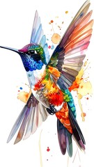 Watercolor rendering of a vibrantly colored hummingbird in flight with splatters of bright, fluid paint