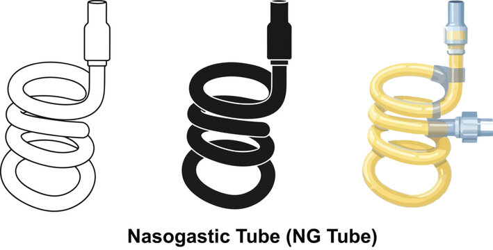Set of Nasogastric Tube NG Tube illustrations line art silhouette and color vector graphics for medical documentation and infographics isolated on white