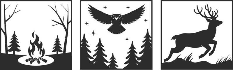 Obraz premium Bold silhouettes of a forest campfire, a owl in flight against a starry sky, and a powerful leaping deer