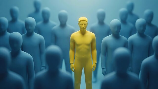 The yellow human figure stands out against the crowd of blue figures. The concept of individuality, leadership, distinction and uniqueness.