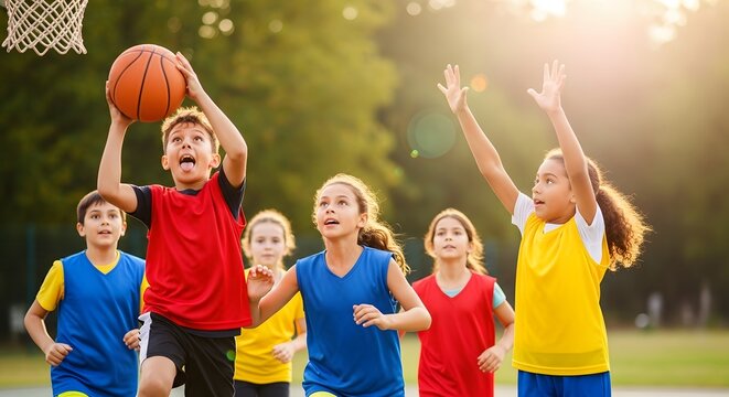 A group of happy children playing basketball outdoors in the sunshine