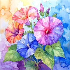 Watercolor rendering of colorful morning glories, leaves, and buds against a vibrant background