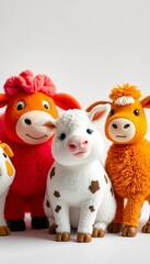 Charming farm friends in a minimalist, whimsical tableau, rendered with soft, rounded forms against a pristine white canvas,  rooster,  chicken