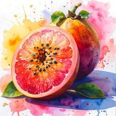 Watercolor rendering of halved and whole passion fruit with seeds, leaves, and colorful splashes on white