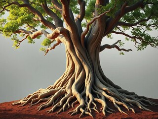 Ancient tree with roots entwined, symbolizing deep connection to earth's cycles,  serene,  cycle