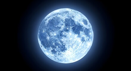 A luminous ethereal blue moon glows brightly against the inky blackness of the night sky its craters and surface details illuminated