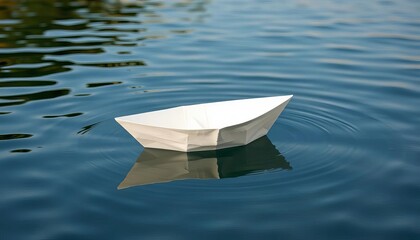 A small, pristine white paper boat floats on calm water,  delicate,  surface