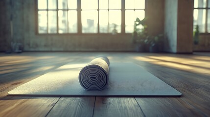 Rolled yoga mat with sunlit room.