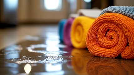 Rolled towels and wet floor.