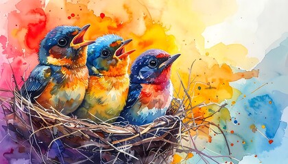Watercolor rendering of three hungry baby birds in a nest, vibrant colors, artistic design