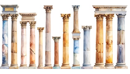 Watercolor rendering of varied ancient architectural columns, stone textures, and colorful hues, isolated on a white background