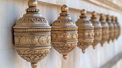 Row of ornate golden decorative elements with intricate carvings.