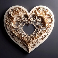 Intricately Layered Heart-Shaped Paper Sculpture Featuring Symmetrical Swirls, Floral Motifs, and Dimensional Cutwork on a Dark Background