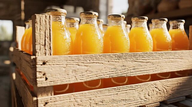 Fresh Orange Juice Bottles in Wooden Crate with Sunlight