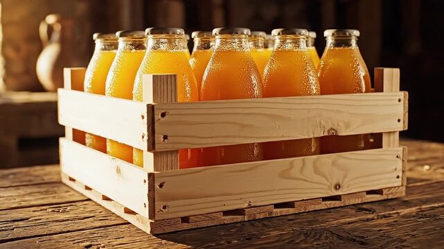 Wooden Crate Filled with Fresh Orange Juice Bottles