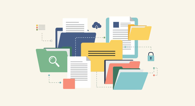 Digital file management and organization with colorful folders and documents.