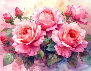 Watercolor roses bloom, soft pink petals contrasting with green leaves against a light watercolor background