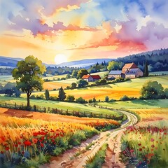 Watercolor rural landscape; path leading to a village under a vibrant sunset sky in warm colors